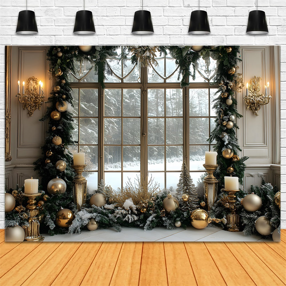 Toile de fond Fenêtre Couronne Forêt Enneigée de Noël RR8-37