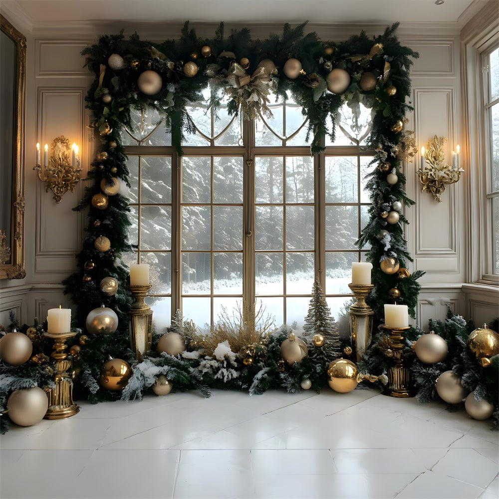 Toile de fond Fenêtre Couronne Forêt Enneigée de Noël RR8-37