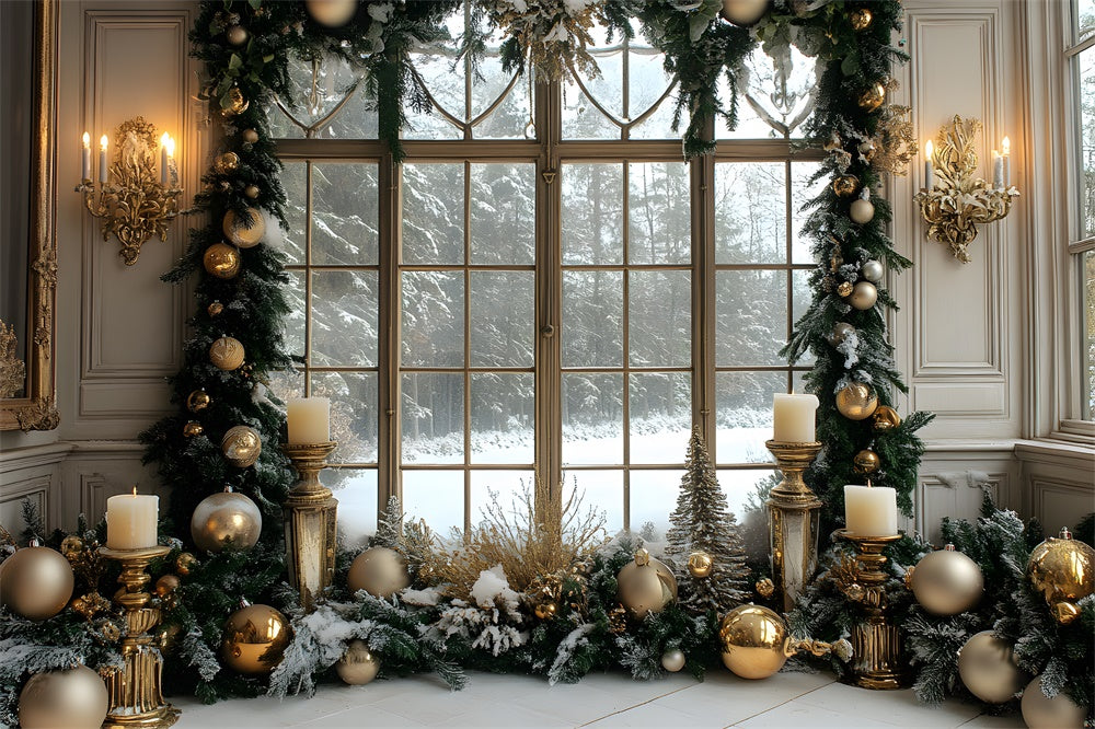Toile de fond Fenêtre Couronne Forêt Enneigée de Noël RR8-37