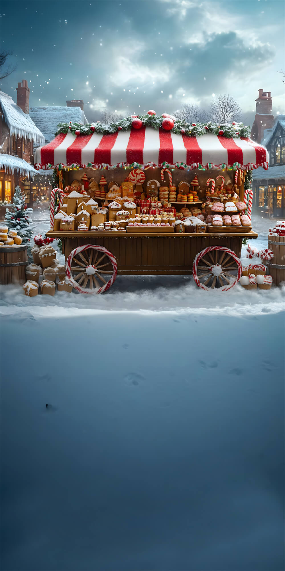 Toile de Fond Chariot à Desserts de Noël avec Flocons de Neige RR8-370