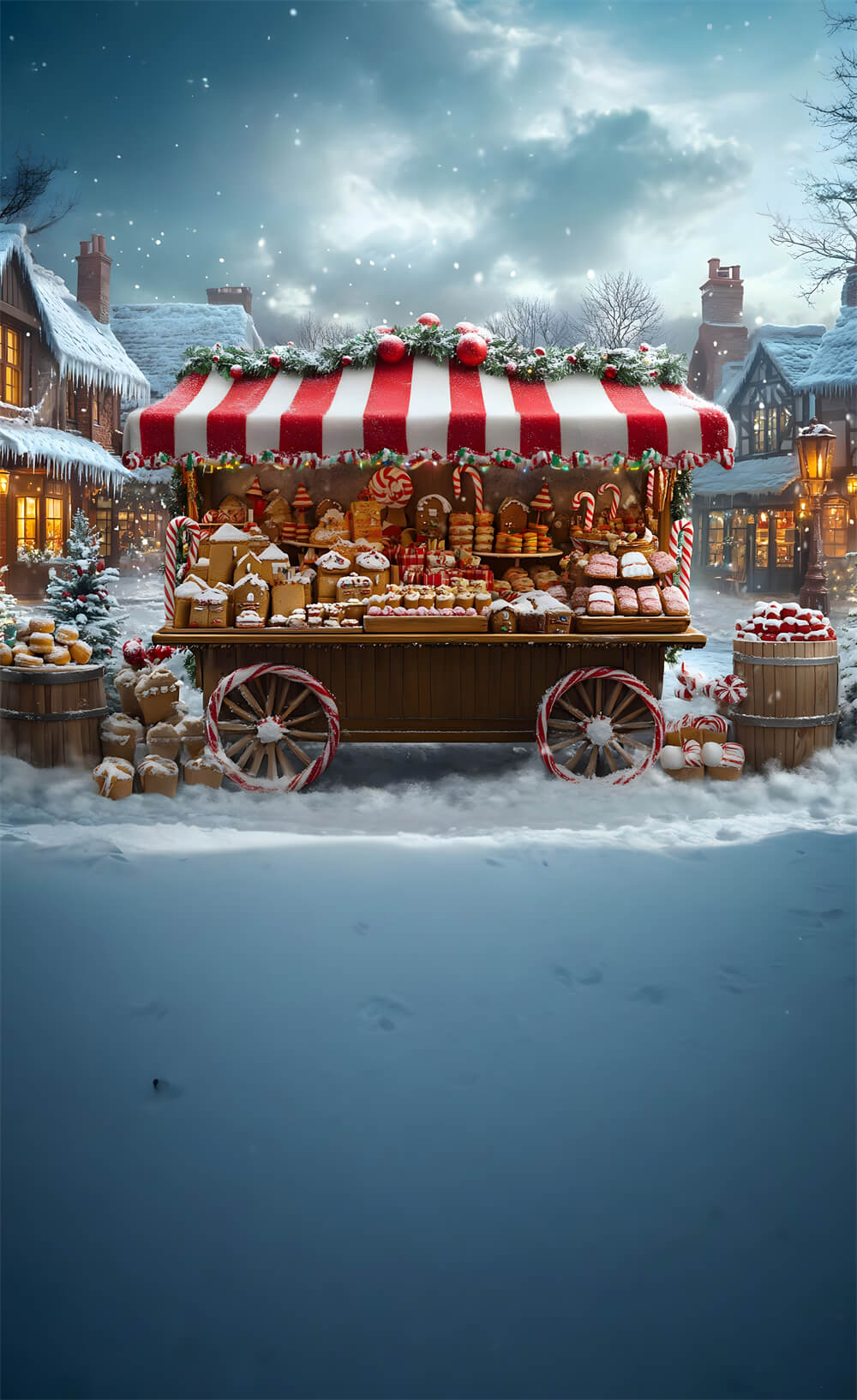Toile de Fond Chariot à Desserts de Noël avec Flocons de Neige RR8-370