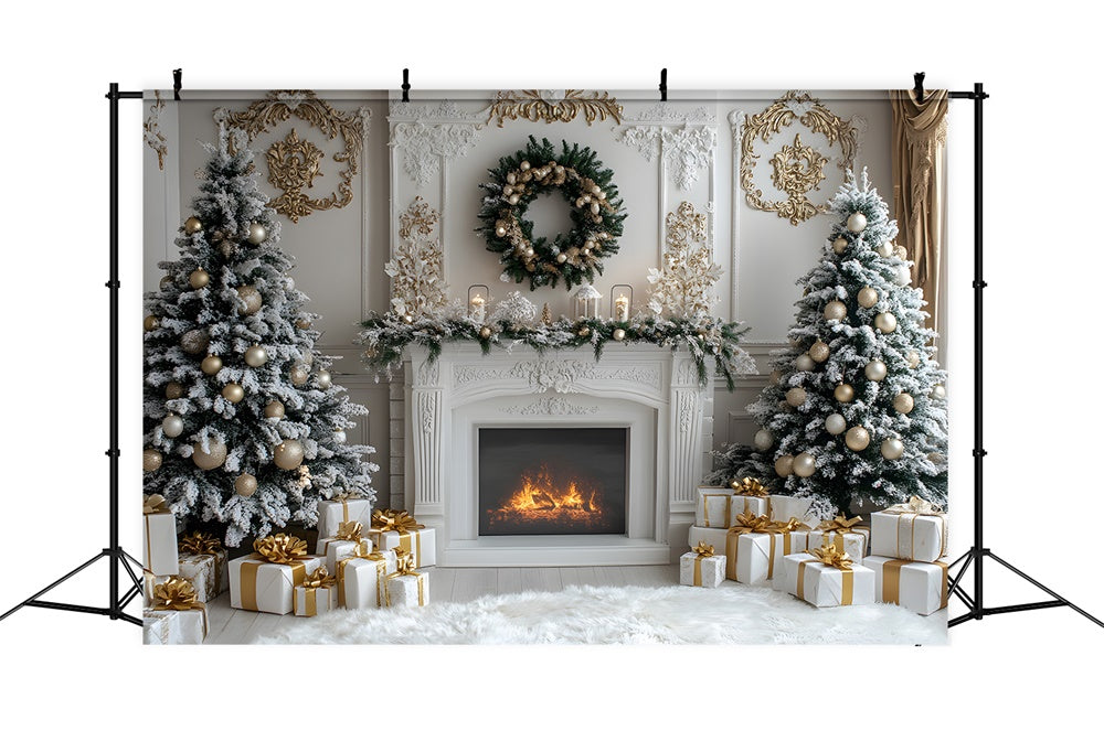 Toile de fond Cheminée Blanche Sapins et Couronne de Noël RR8-38
