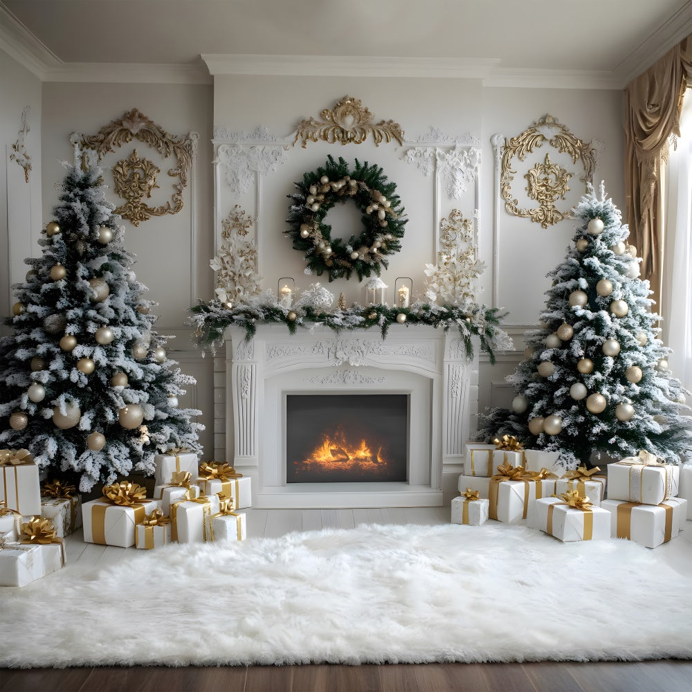Toile de fond Cheminée Blanche Sapins et Couronne de Noël RR8-38