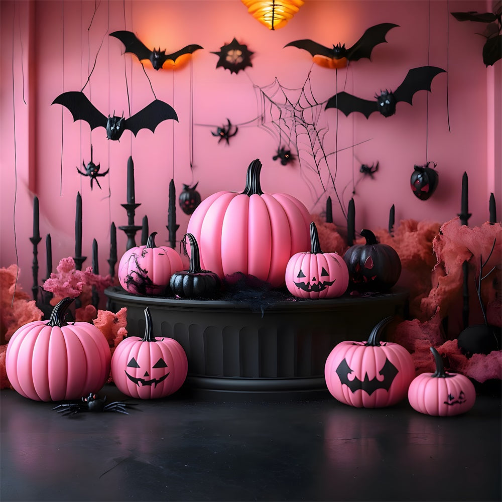Toile de Fond Mur Rose avec Citrouilles et Chauves-Souris d'Halloween RR8-388