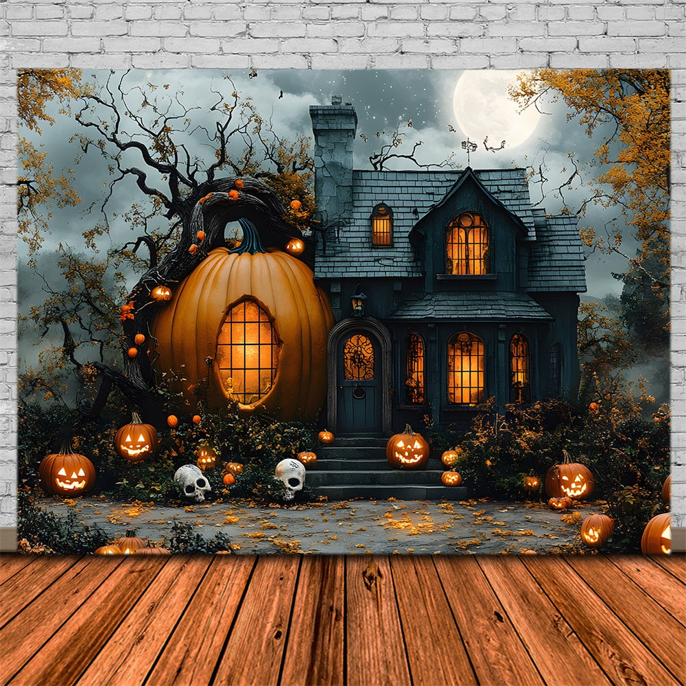 Toile de Fond Maison Magique avec Citrouille et Lune d'Halloween RR8-392