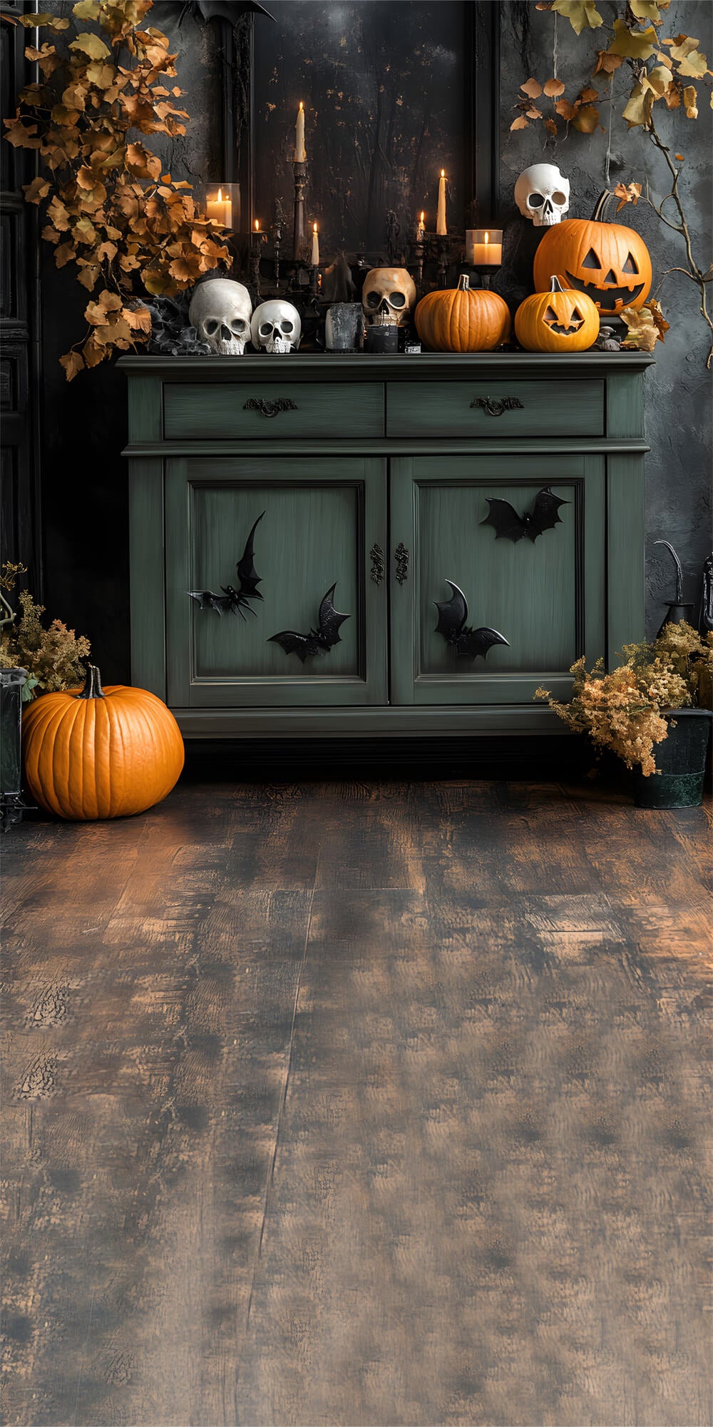 Toile de Fond Sol en Bois avec Citrouilles et Chauves-Souris d'Halloween RR8-396