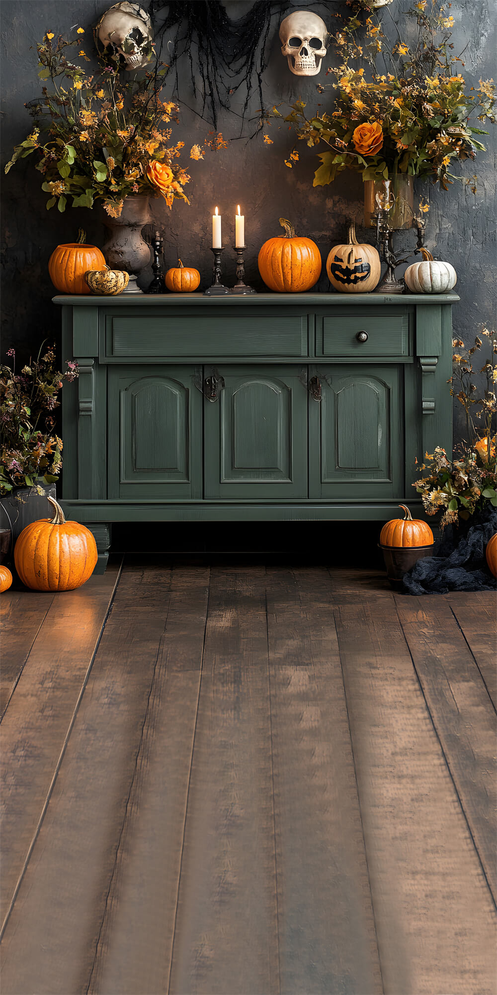 Toile de Fond Citrouille et Bougie sur Sol en Bois d'Halloween RR8-397
