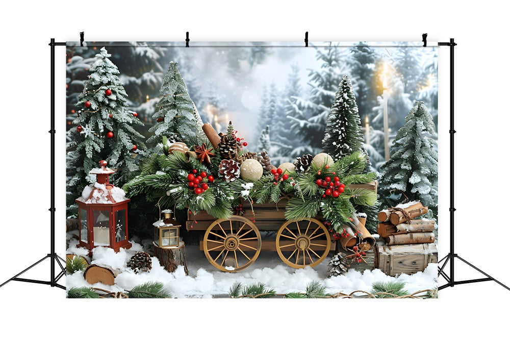 Toile de fond Sapins de Noël Neige Chariot en Bois RR8-4