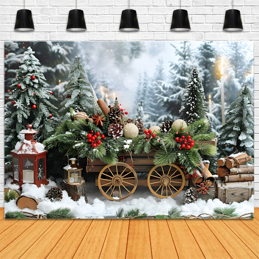 Toile de fond Sapins de Noël Neige Chariot en Bois RR8-4