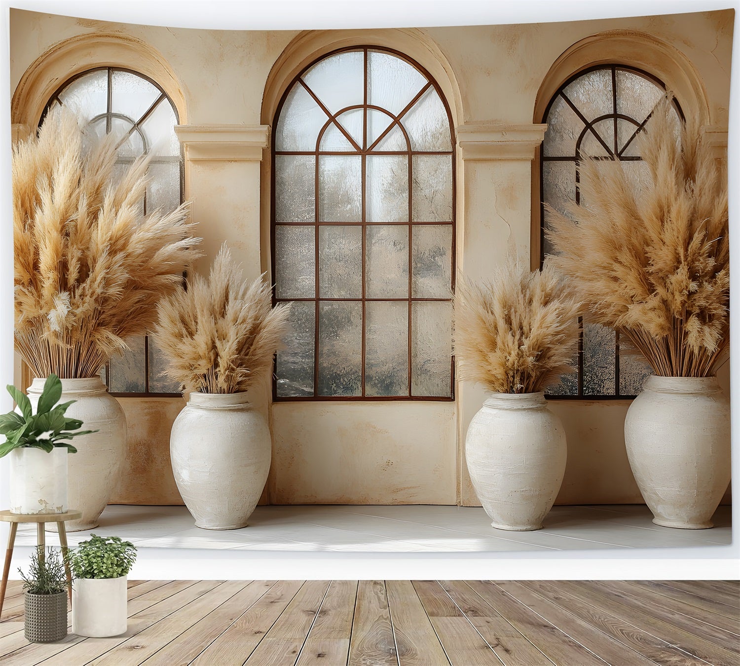 Toile de Fond Fenêtre Vintage avec Herbes de la Pampa RR8-418