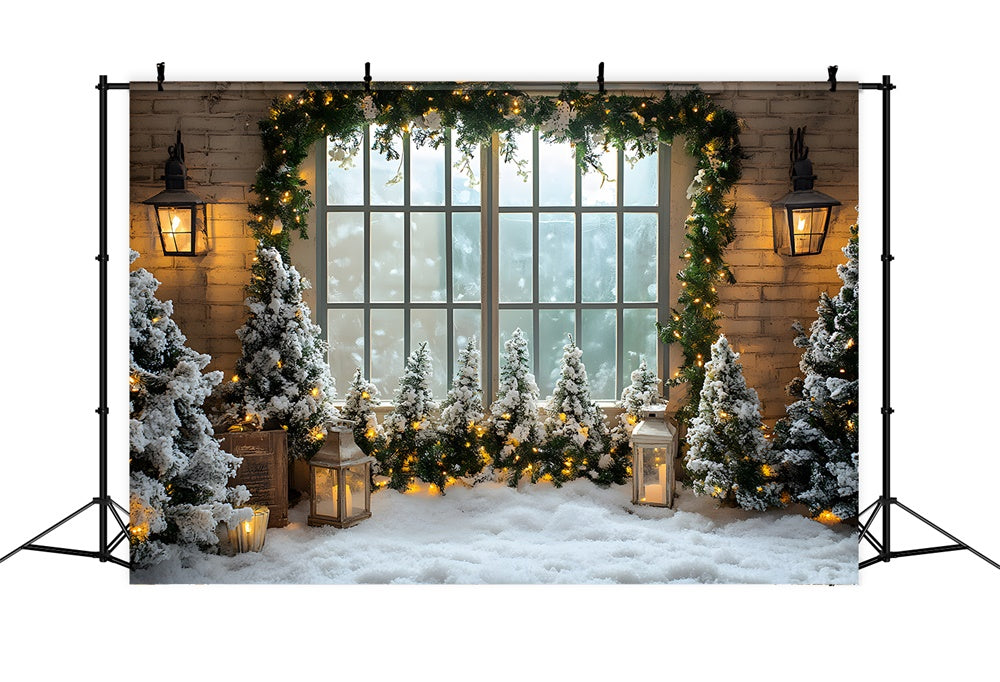 Toile de fond Sapins Fenêtre Sol Neigeux de Noël RR8-42