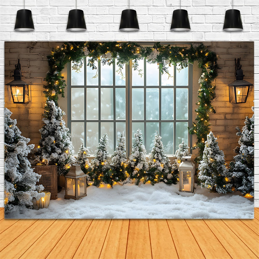 Toile de fond Sapins Fenêtre Sol Neigeux de Noël RR8-42