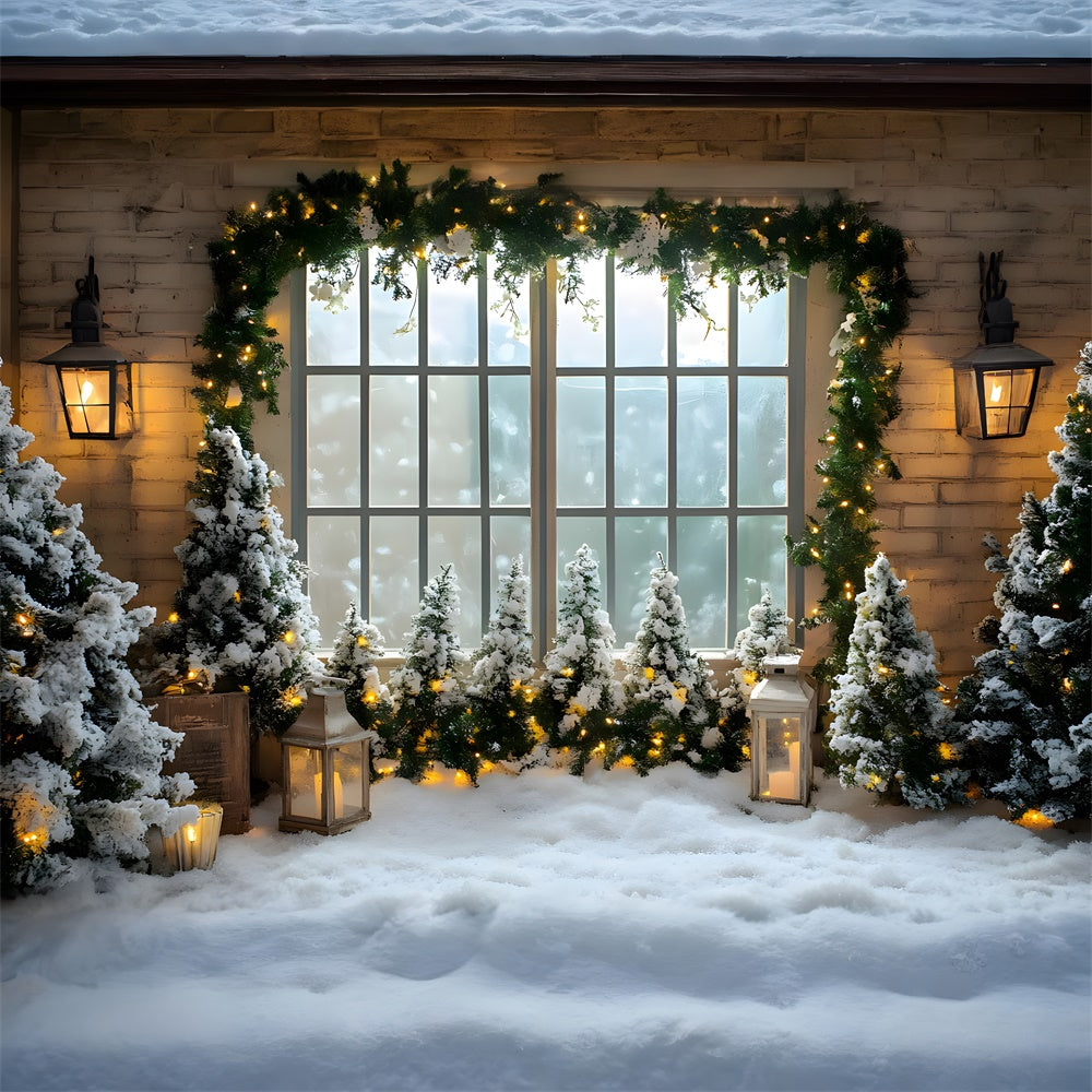 Toile de fond Sapins Fenêtre Sol Neigeux de Noël RR8-42