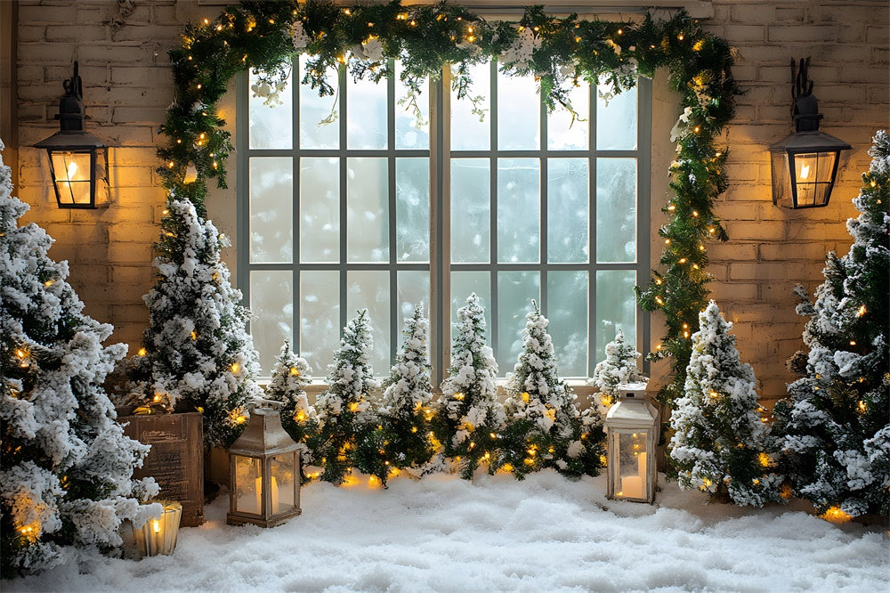 Toile de fond Sapins Fenêtre Sol Neigeux de Noël RR8-42