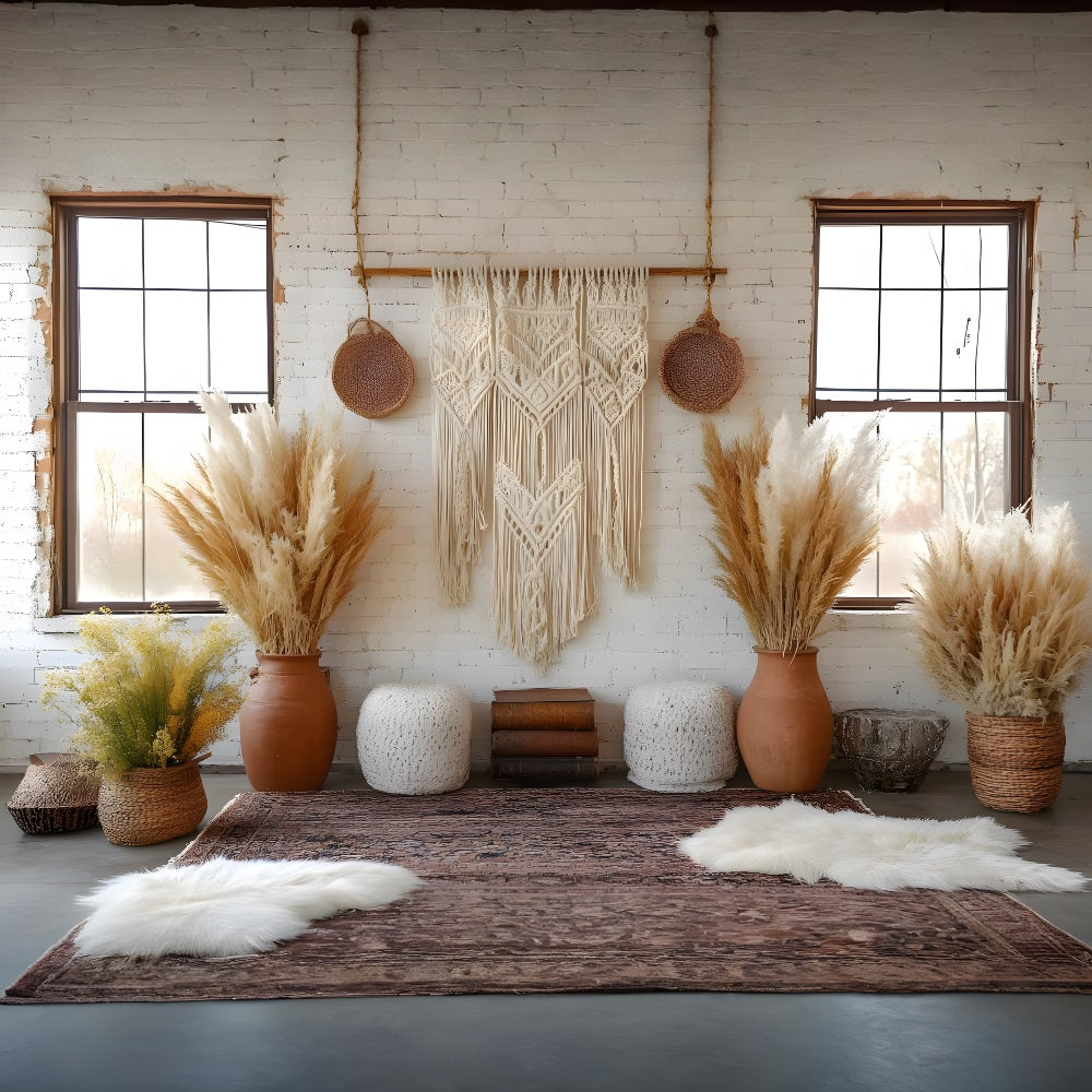 Toile de Fond Élégance Vintage avec Fleurs et Pampas RR8-441