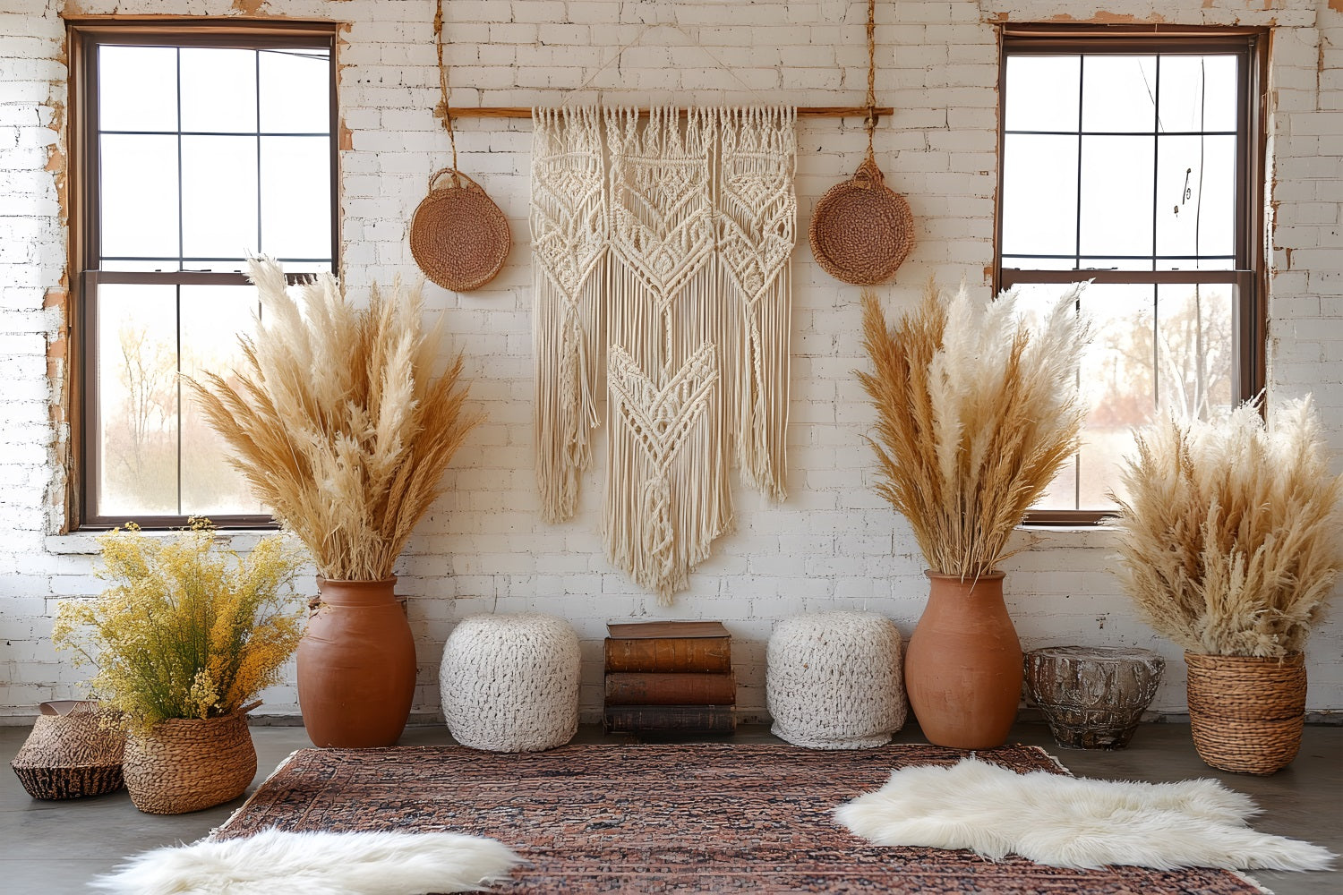 Toile de Fond Élégance Vintage avec Fleurs et Pampas RR8-441