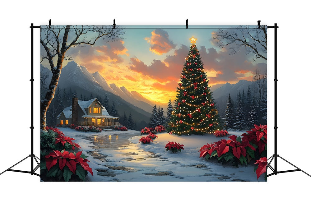 Toile de fond Sapin Village Cottage Coucher de Soleil de Noël RR8-52