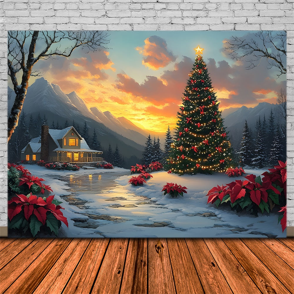 Toile de fond Sapin Village Cottage Coucher de Soleil de Noël RR8-52