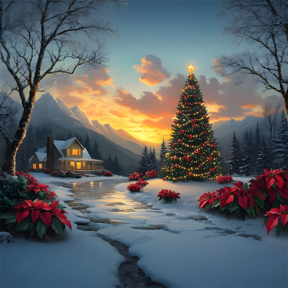 Toile de fond Sapin Village Cottage Coucher de Soleil de Noël RR8-52