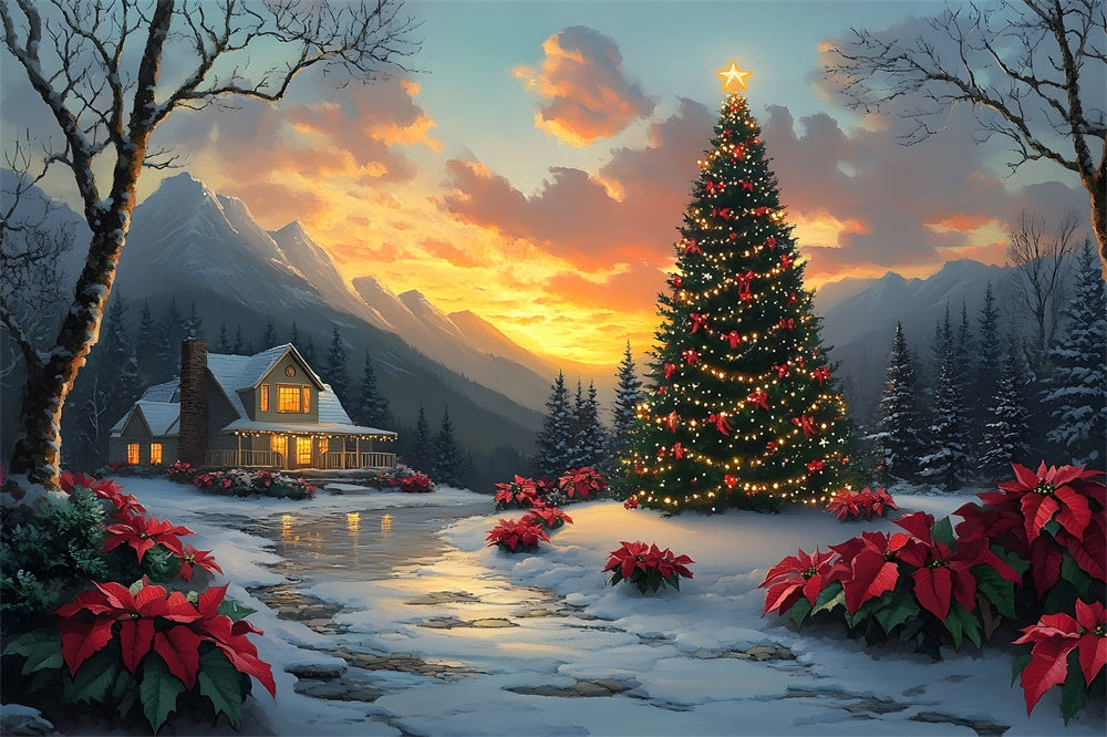 Toile de fond Sapin Village Cottage Coucher de Soleil de Noël RR8-52