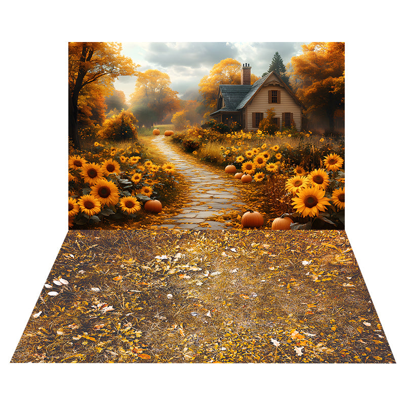 Toile de Fond de Sentier aux Tournesols Automnal + Sol d'Herbe Fanée RR8-526