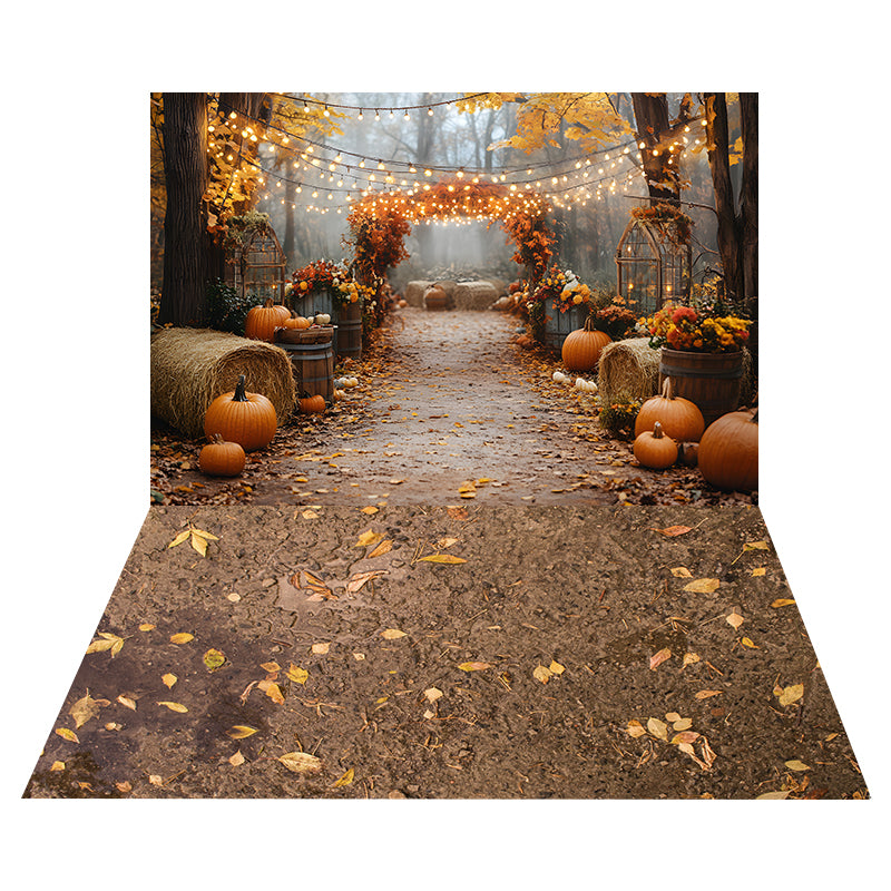 Toile de Fond de Guirlandes Lumineuses avec Citrouilles Automnales + Sol de Terre avec Herbe RR8-530