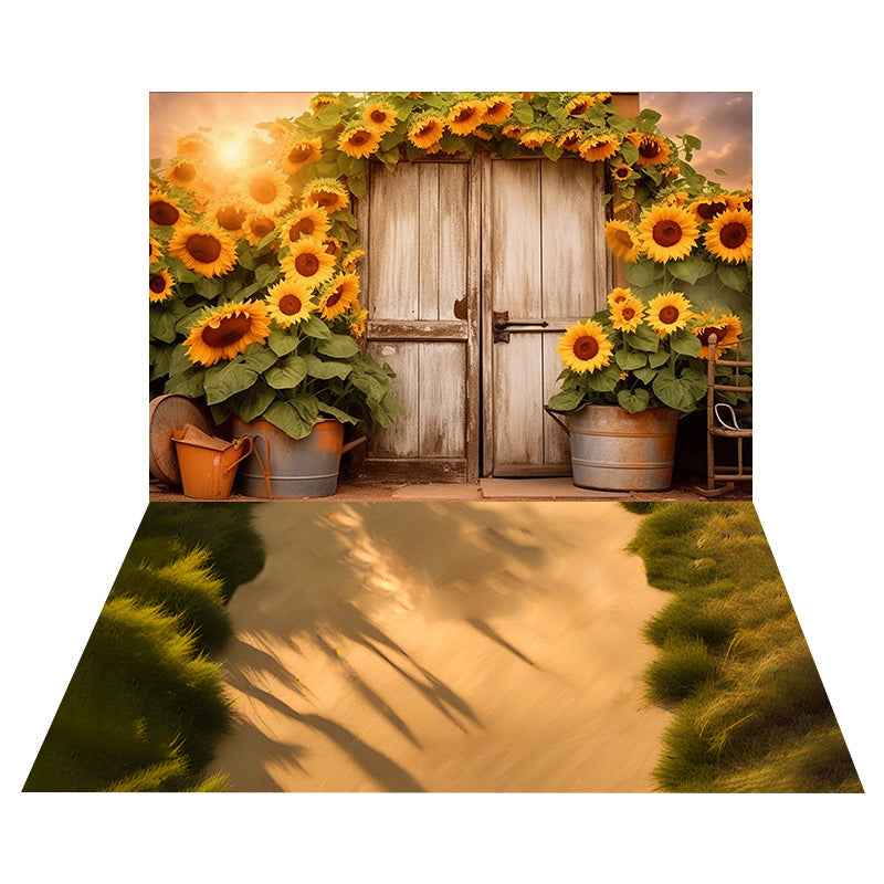 Toile de Fond de Porte avec Tournesols Automnale + Sol de Prairie RR8-538