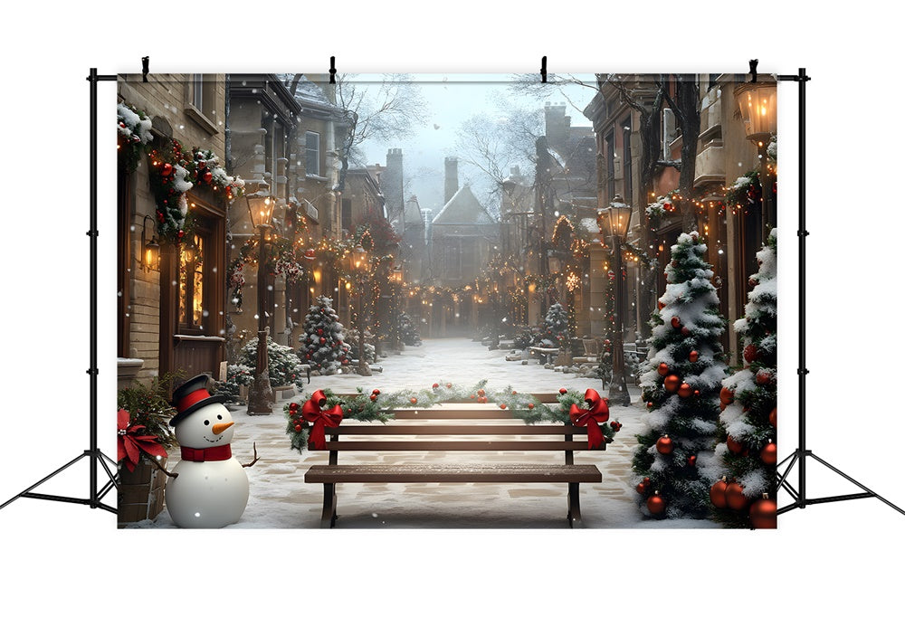 Toile de fond Rue Enneigée Sapins Décorés de Noël RR8-54