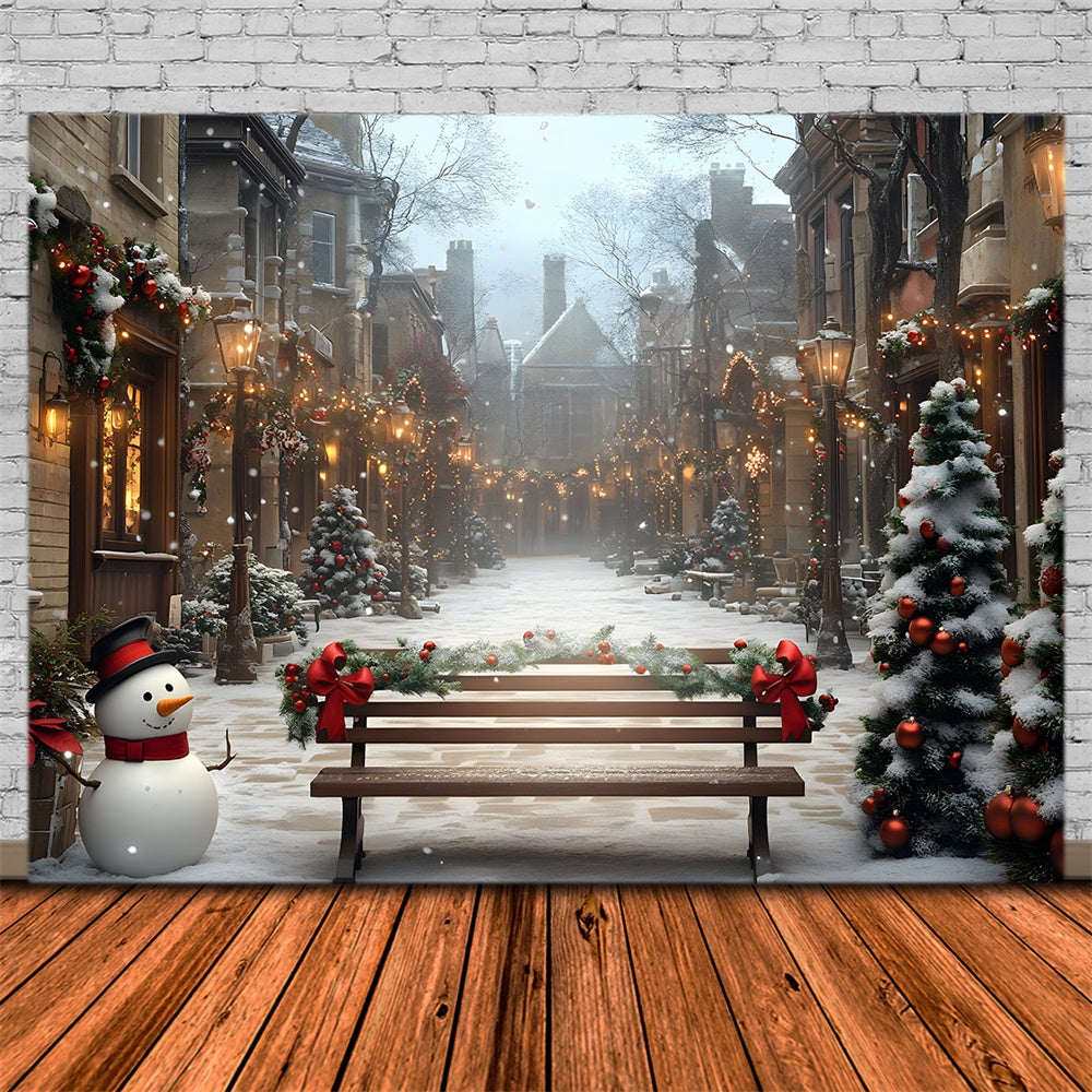 Toile de fond Rue Enneigée Sapins Décorés de Noël RR8-54