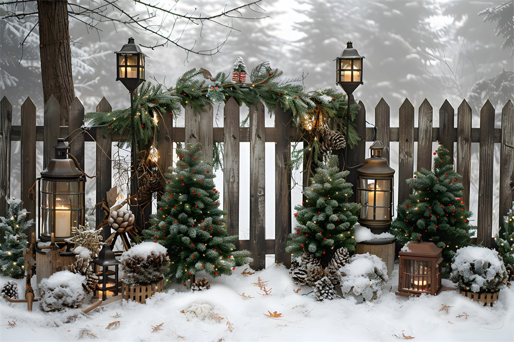 Toile de fond Sapins de Noël Lumières Barrière en Bois RR8-6