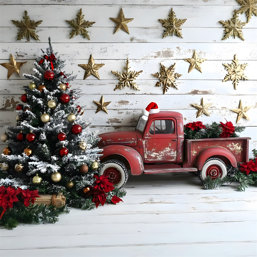 Toile de fond Camion Rouge Étoiles Sapin de Noël RR8-61
