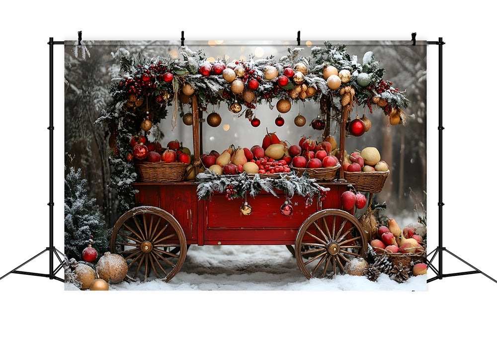 Toile de fond Sapins Neige Chariot de Fruits de Noël RR8-62