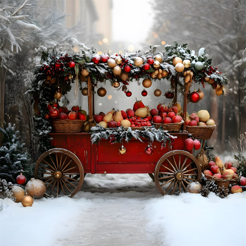 Toile de fond Sapins Neige Chariot de Fruits de Noël RR8-62