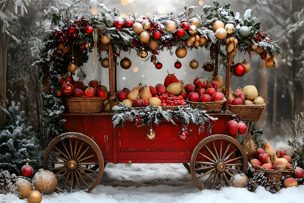 Toile de fond Sapins Neige Chariot de Fruits de Noël RR8-62