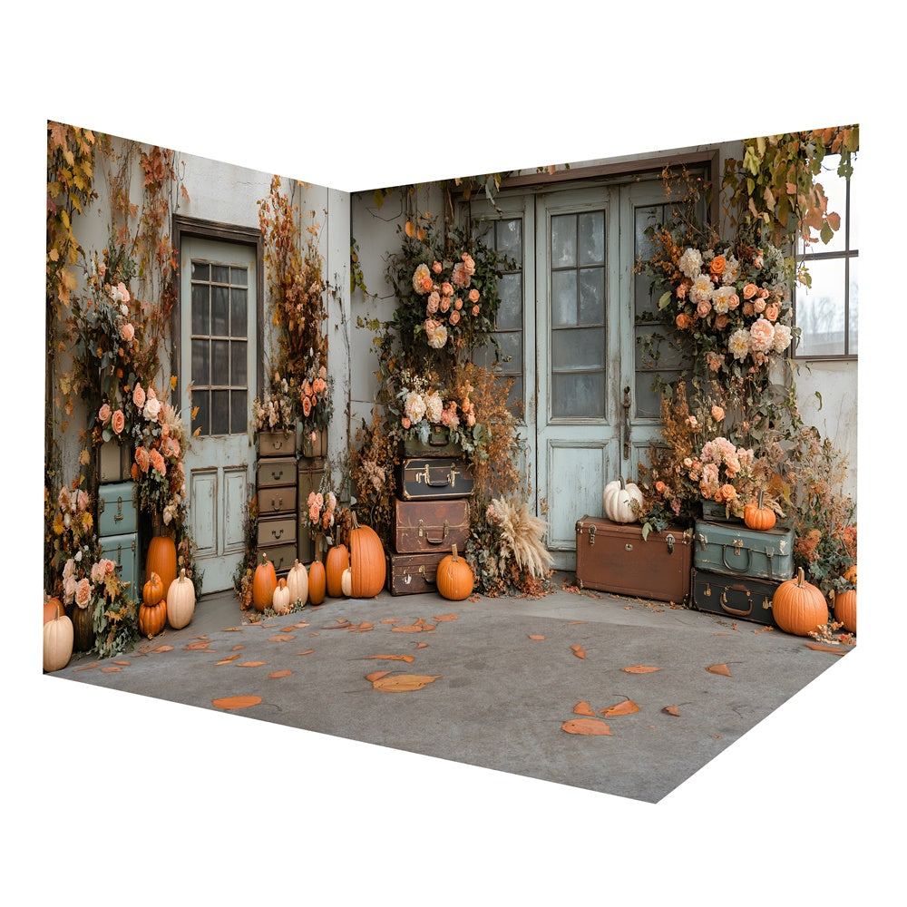 Ensemble de chambre avec porte rustique fleurs et citrouilles d'automne RR8-656