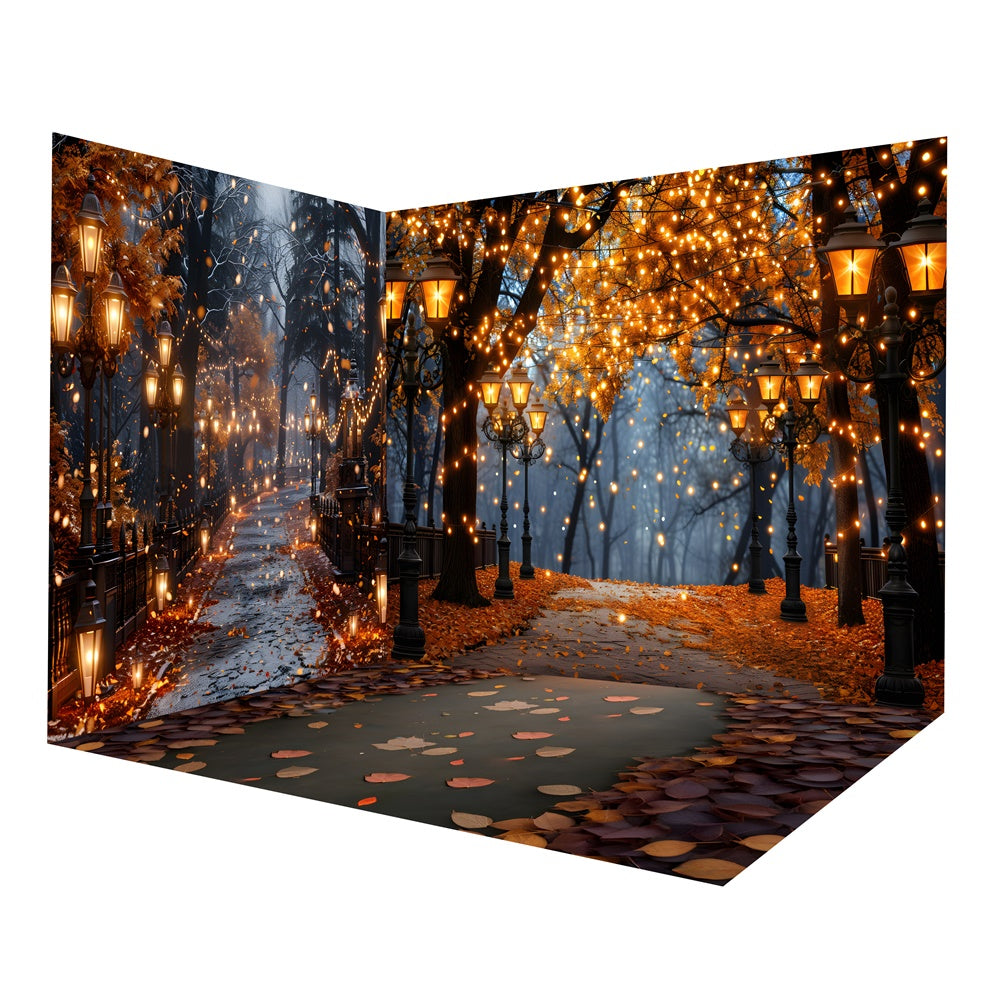 Ensemble de chambre avec lumières étincelantes dans la forêt la nuit d'automne RR8-663