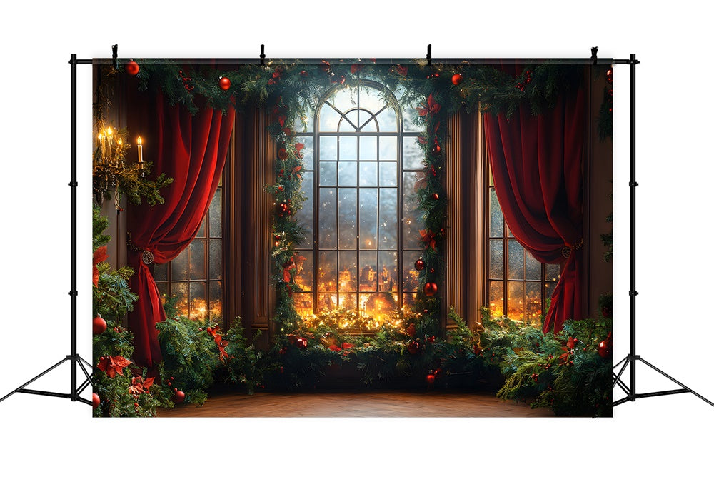 Toile de fond Fenêtre Boules et Couronne de Noël RR8-67