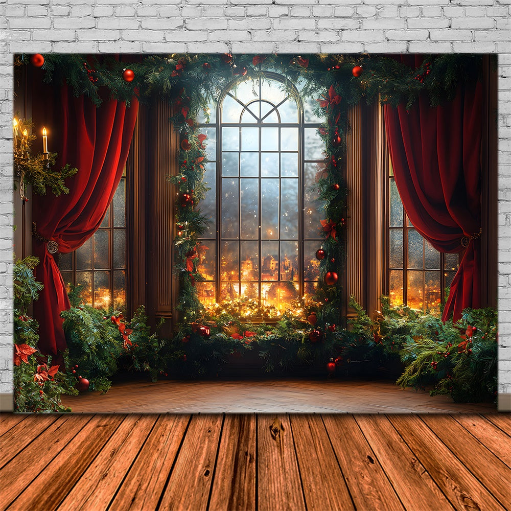 Toile de fond Fenêtre Boules et Couronne de Noël RR8-67