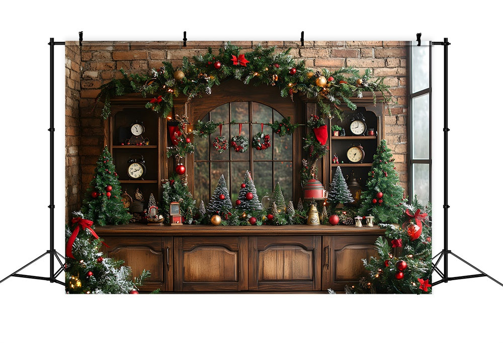 Toile de fond Sapins Couronne Chambre Rétro de Noël RR8-70
