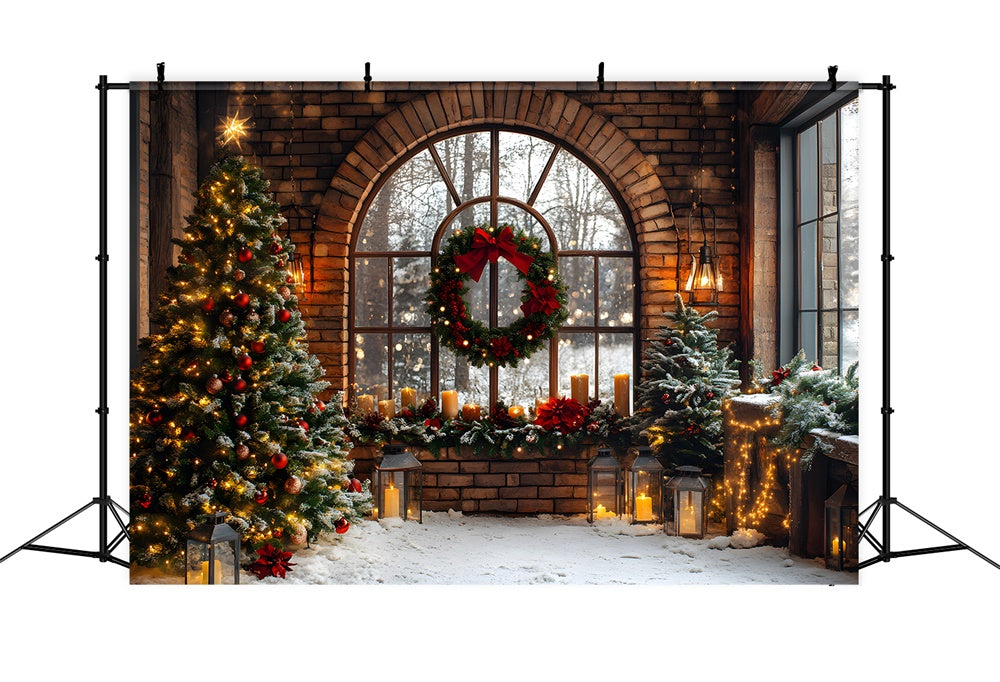 Toile de fond Chambre en Brique Fenêtre et Couronne de Noël RR8-72