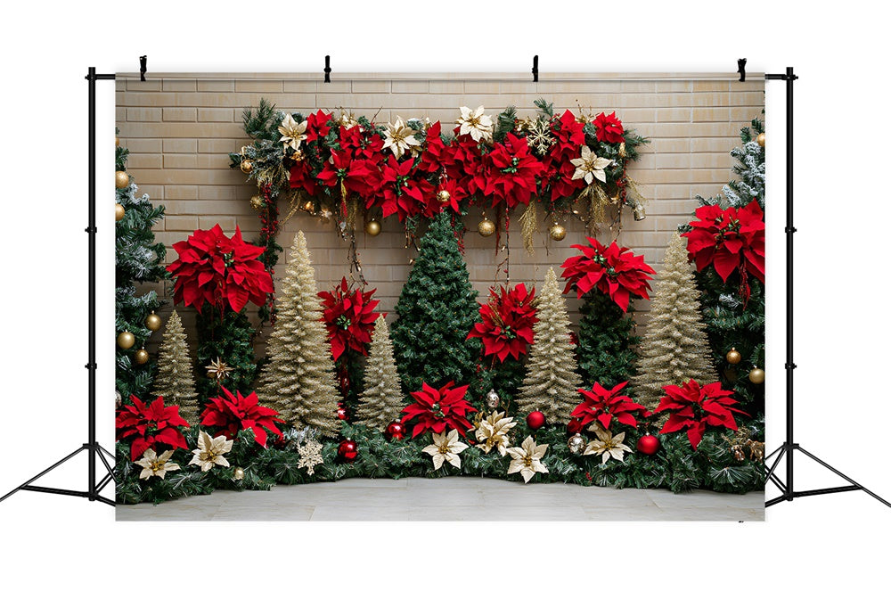 Toile de fond Sapins et Fleurs de Poinsettia de Noël RR8-77