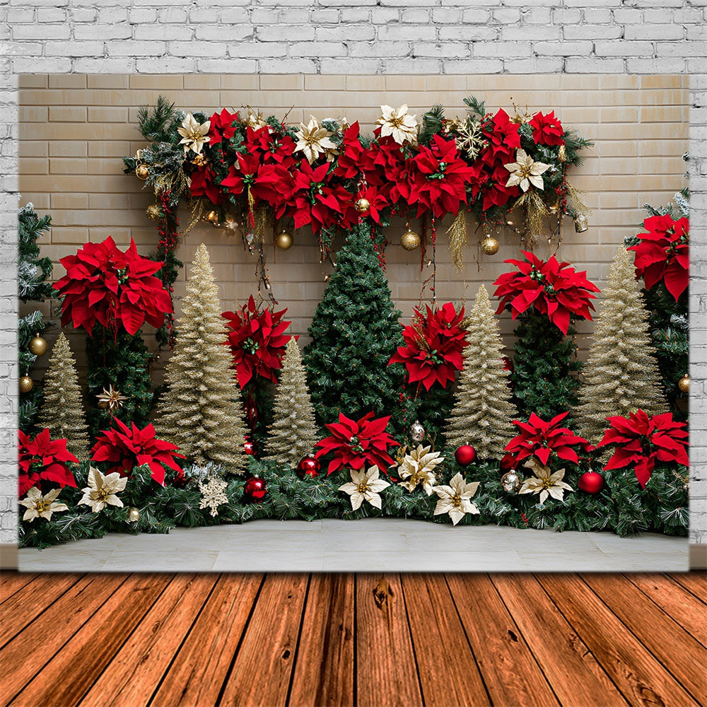 Toile de fond Sapins et Fleurs de Poinsettia de Noël RR8-77