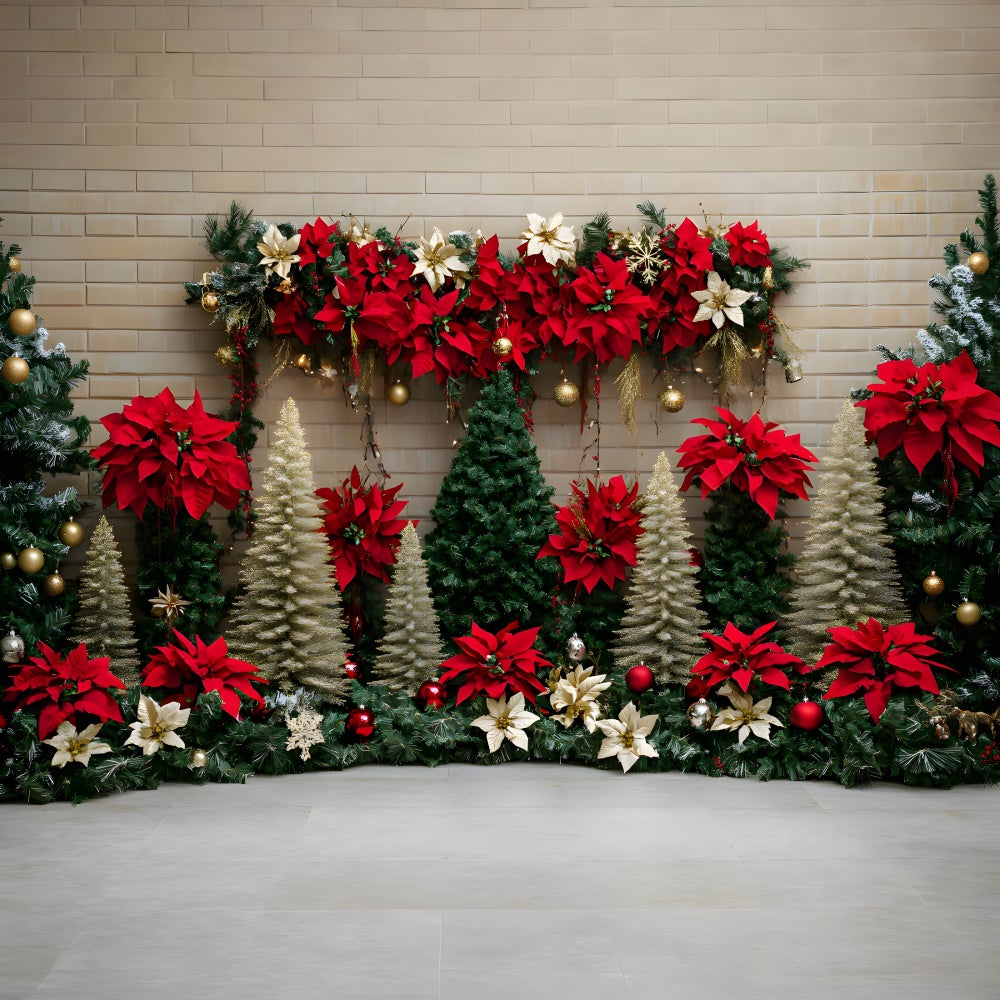 Toile de fond Sapins et Fleurs de Poinsettia de Noël RR8-77