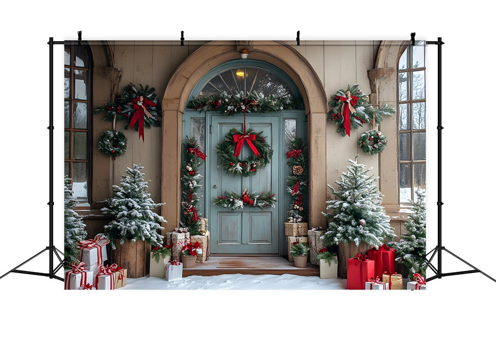 Toile de fond Porte de Maison Sapins et Couronne de Noël RR8-79