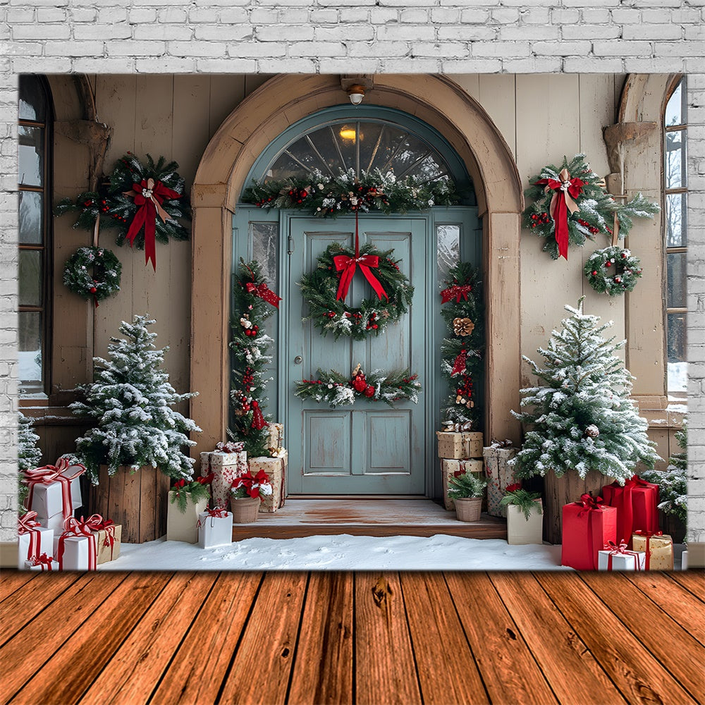 Toile de fond Porte de Maison Sapins et Couronne de Noël RR8-79