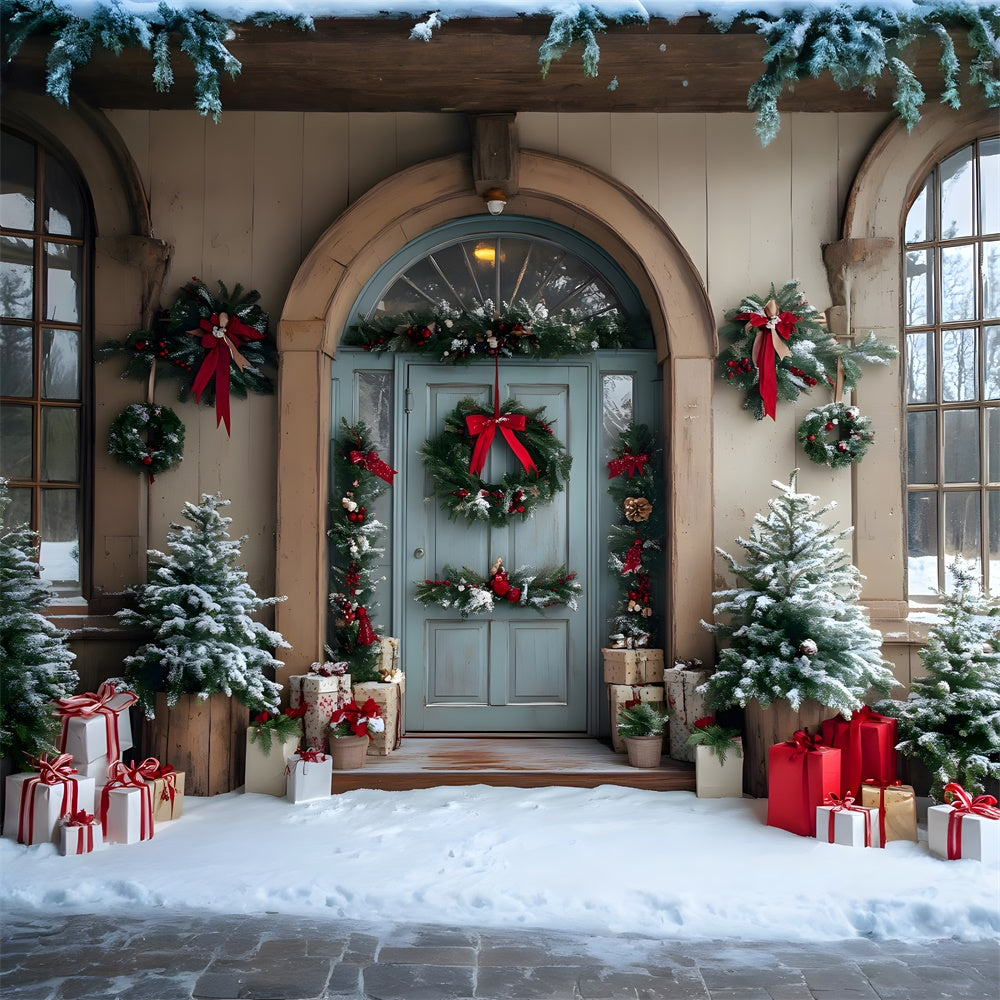 Toile de fond Porte de Maison Sapins et Couronne de Noël RR8-79