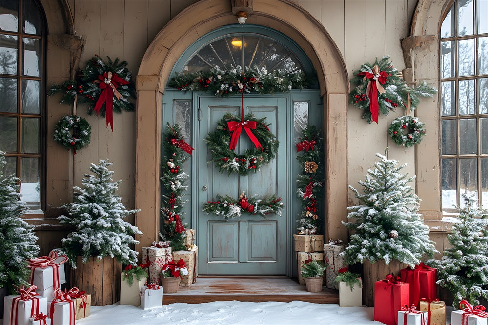 Toile de fond Porte de Maison Sapins et Couronne de Noël RR8-79