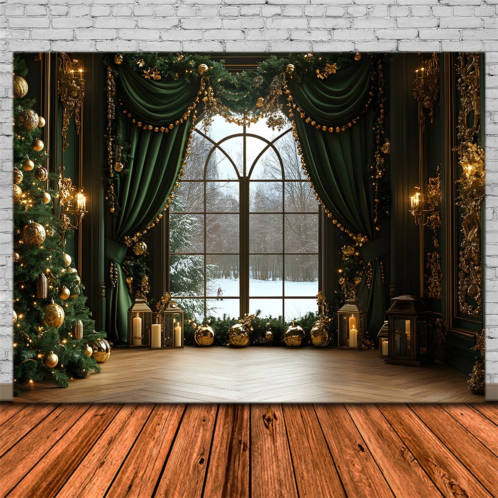 Toile de fond Fenêtre Rideau Vert de Noël RR8-86