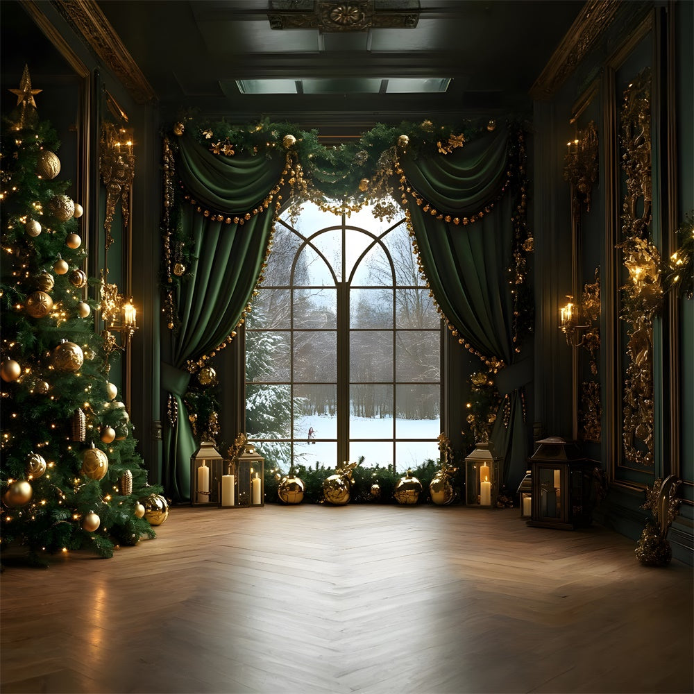Toile de fond Fenêtre Rideau Vert de Noël RR8-86