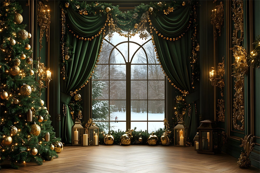 Toile de fond Fenêtre Rideau Vert de Noël RR8-86